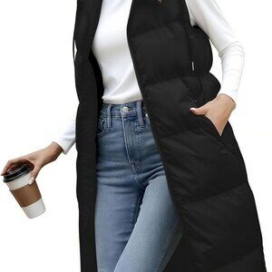 Long Puffer Vest Women Quilted Hooded Vests Outerwear Sleeveless Zip Up Coat Jac